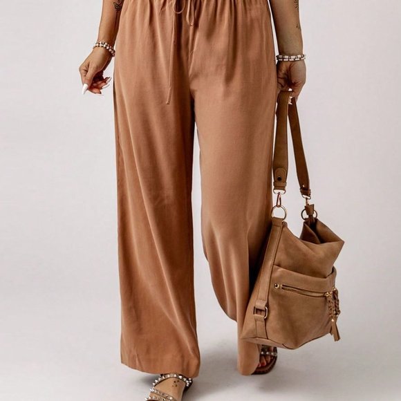 Brown Preppy Womens Drawstring Waist Wide Leg Pants - Picture 2 of 6